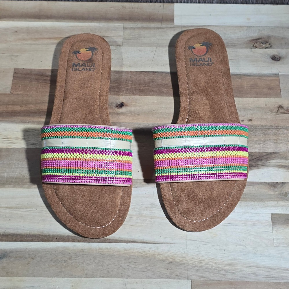 Maui Island Marina Beaded Strap Slide Sandals Women's 8M‎ Brown Beachy Comfort